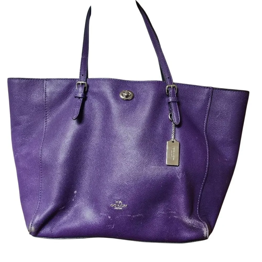 Coach Purple Pebbled Leather Turnlock Tote Bag